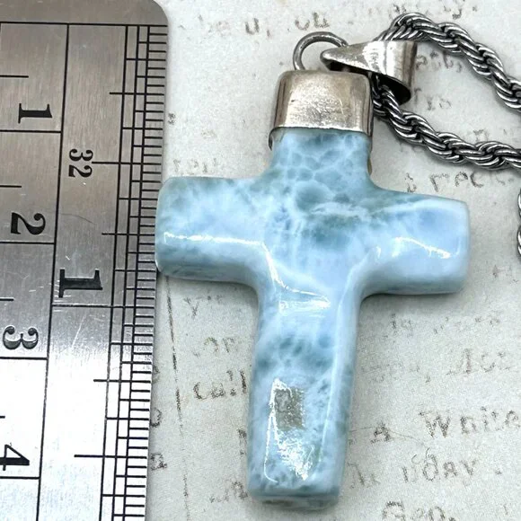 Large Larimar Sky Blue Carved Stone Cross Pendant Necklace Rope Chain Silver - Picture 9 of 9